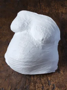 Belly Casting A white plaster cast of a pregnant torso, including the chest and belly, is placed on a wooden surface—a beautiful tribute to Cottage Grove out of hospital birth and the artistry of Minneapolis midwife care.